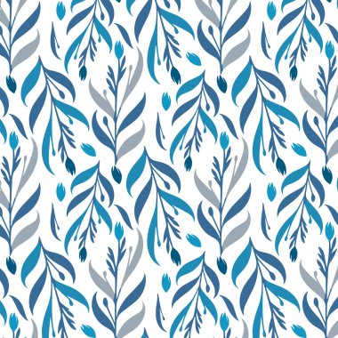 Mavi yaprak tasarımları ve çiçek çizimlerinden oluşan kusursuz desenli ambalaj ve moda tekstili.