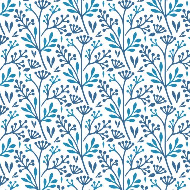 Hassas çiçek hatları ve yüzey tekstil tasarımı için botanik grafikleri olan mavi, pürüzsüz çiçek deseni