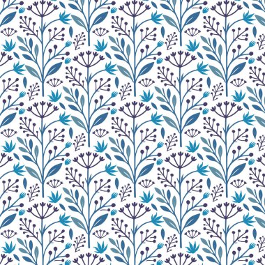 Botanik, kumaş ve ambalaj kağıtları için doğal sapları ve yaprak detaylarıyla kusursuz mavi çiçek deseni yaratıyor.