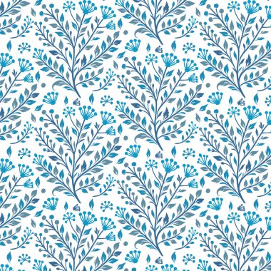 Mavi yapraklardan esinlenilmiş kusursuz çiçek desenleri ve kumaş masa üstü ve moda baskıları için çiçek demetleri