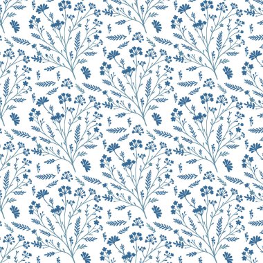Doğal bitki çizimlerinden ve tekstil için tarla çiçeği çizimlerinden oluşan mavi, dikişsiz desenli ayrıntılı bir desen.