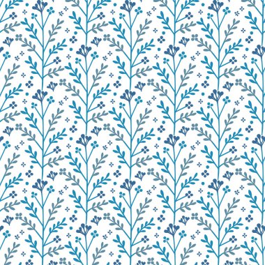 Grafik yaprak şekilleri ve paketleme ve moda için hassas çiçek düzenlemeleri içeren mavi, pürüzsüz çiçek deseni.