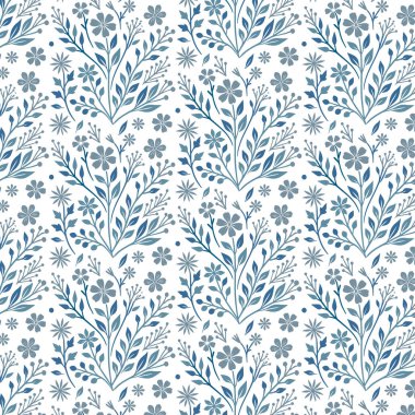 Mavi botanik ve bahar çiçeklerinden esinlenerek tekstil ev dekorunda ve ambalajda kullanılmak üzere kusursuz çiçek deseni