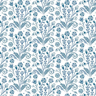 Çiçeklerle dolu kusursuz çiçek desenleri ve masa üstü ve moda tekstili için doğadan esinlenilmiş yapraklar.