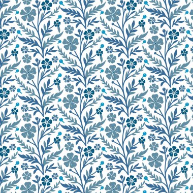 Moda ve yüzey uygulamaları için süslü bitki sarmaşıklarından ve botanik çizgilerden esinlenilmiş mavi, pürüzsüz çiçek deseni