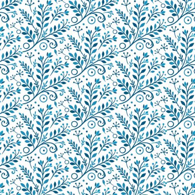 Bahçe temalı mavi çiçekli kusursuz çiçek desenleri ve masa üstü kumaş ve baskı için dekoratif yapraklar.