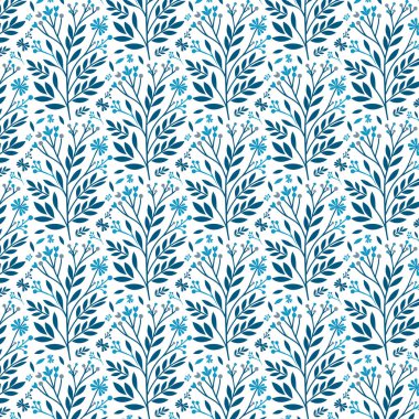 Mavi doğayla dolu karmaşık, pürüzsüz çiçek deseni. Tekstil ve masa üstü kullanımı için ilham verici çiçekler ve yaprak detayları.