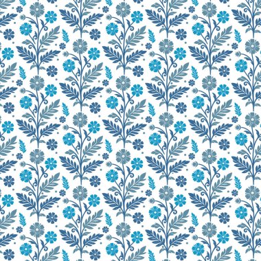 Mavi botanik temalı kusursuz çiçek desenlerinin tekrarlanması ev dekorasyonu ve ambalaj kağıdı gibi kadınlarda kullanım için mükemmeldir.