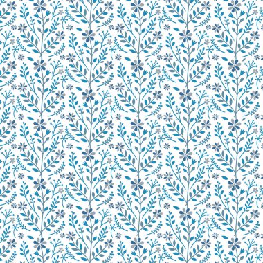 Zarif çiçek başları ve moda tekstil yüzeyleri için doğal yeşillik detaylarıyla dolu mavi, pürüzsüz çiçek deseni.