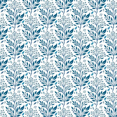 Bereketli botanik yaprakları ve çiçekleri olan tekstil çiçekleri için kusursuz mavi desenler moda ve dekorasyon için idealdir.