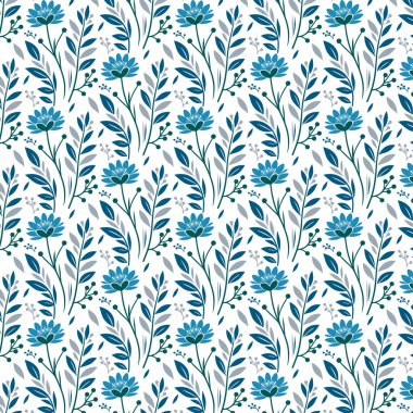 Zarif çiçek dokuları ve mevsimsel tekstil ve moda kullanımı için kökleri olan mavi, pürüzsüz çiçek desenlerinin yüzey tasarımı