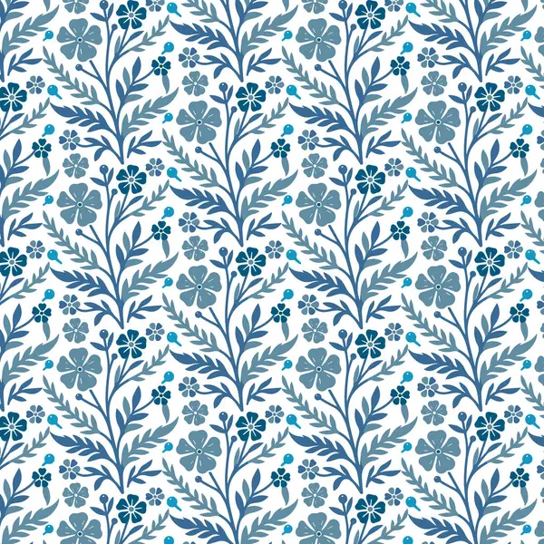Moda ve yüzey uygulamaları için süslü bitki sarmaşıklarından ve botanik çizgilerden esinlenilmiş mavi, pürüzsüz çiçek deseni