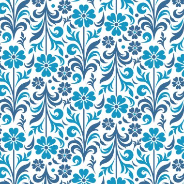 Mavi tonlardaki kusursuz çiçek desenleri zarif doğayı gözler önüne seriyor. Moda ve tekstil tasarımcıları için ilham verici saplar ve yapraklar.