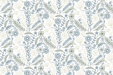 Tekstil kumaş ve ambalajı sarmak için sürekli çizim tarzında çiçeksel elementlerle kusursuz çizim deseni