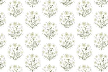 Botanik desenli kusursuz desenli, tek çizgili sanat çiçekleri ve mutfak aksesuarları ambalajı ve kumaşları için yapraklar.