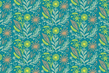 Tarla çiçeklerinin kusursuz deseni ve soyut yapraklar masa üstü dekorları ev perdeleri ve el işi kağıtları için mükemmel.