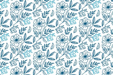 zarif yaprak ve gül hatları ile detaylandırılmış mavi çiçek dikişsiz eskiz deseni şık tekstil ve hediye paketi tasarımları için