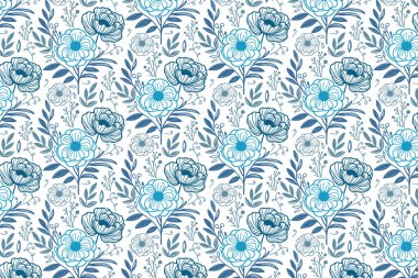 soyut mavi çiçek desenli aralıksız çizgili sanat çiçekleri ve yastık kılıfları ve duvar kağıtları için yapraklar