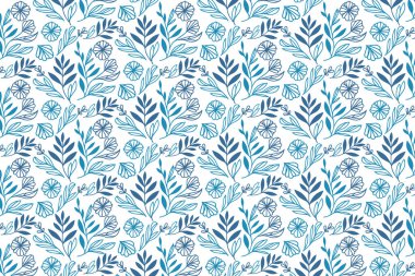 Mavi çizgili kusursuz çiçekli sanat eserleri zarif gül ve pamuk yaprak çizimleri tekstil evi ve moda kullanımı için.