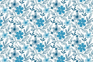 Tekstil duvar kâğıdı ve masa örtüsü sarmak için soyut yaprak çizimleriyle mavi renkte sürekli çiçek çizgileri çiziyor.
