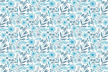Modern ev ve moda tekstil ürünleri için aralıksız çizgi gülleri ve pamuk bitkileri olan mavi dikişsiz çiçek desenli tasarım.