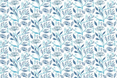 Moda yastık kılıfları ve ambalaj kağıtları için doğal elementlere sahip soyut bir mavi çiçekli tasarım.