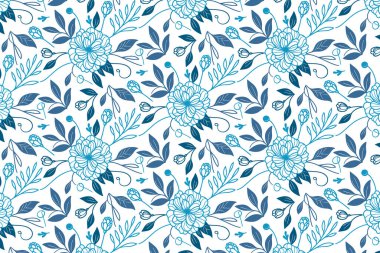 Kağıt tekstil ve ev tasarımı için mavi güller ve pamuk yapraklı kusursuz bir desen.
