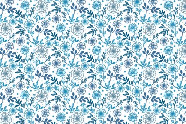 Mavi tek sıra çiçek desenli zarif gül ve masa üstleri için pamuk çizimleri ve hediye paketleri.