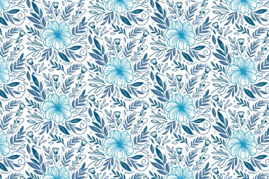 Mavi bir çizgi, dikişsiz çiçek deseni. Doğadan esinlenilmiş çiçekler ve mutfak aksesuarları ve hediye paketi için yapraklar.