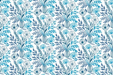 Masa örtüsü ve duvar kâğıdı kullanımı için aralıksız çizgili mavi çiçekli eskiz deseni.