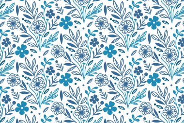 Şık tekstil tasarımları ve yastık kumaşları için tek bir çizgi gül ve yaprak çizimleri olan mavi soyut, dikişsiz desenler.