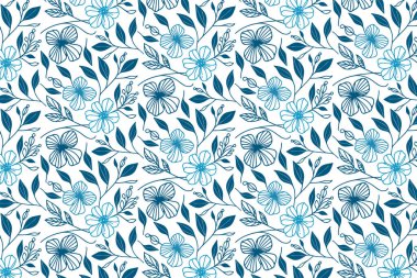 Yatak örtüsü yastık kumaşı ve ambalajı için tek çizgi yapraklı ve çiçekli mavi çiçek deseni.