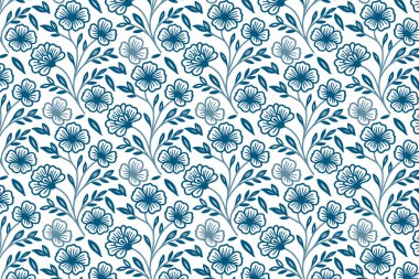 Ev tekstil moda ve ambalajlama için zarif çizimler içeren kesintisiz çizgili sanat mavisi çiçek deseni