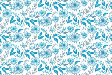 Soyut mavi çiçekli kusursuz desen ve yastık kılıfları masa üstü ve duvar kağıdı baskısı için minimum gül çizgileri.