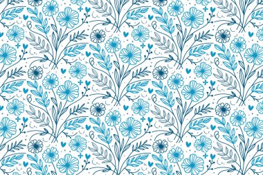 Yastık kılıfları ve hediye paketleri için gül ve yaprak çizimleriyle modern mavi, dikişsiz desenli.