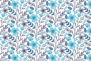 Soyut bir gül ve yaprak karalamalarıyla sarma ve kumaş kullanımı için sanatsal, pürüzsüz mavi çiçek deseni