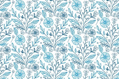 Dekoratif yatak örtüsü ve yastık kılıfı baskısı için aralıksız gül çizimleri olan kusursuz mavi desenli çiçek deseni.