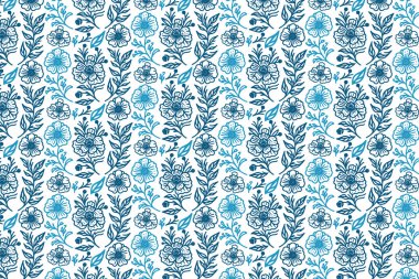 Tekstil tasarım masası örtüleri ve duvar kağıtları için çizgi çizgileri olan minimal ve modern mavi çiçek deseni