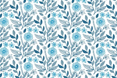 Mavi bir çizgi, zarif ambalaj kağıdı ve yastık kapağı baskısı için soyut pamuk çiçekleri ile dikişsiz çiçek tasarımı.