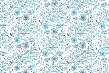 Zarif, mavi, çiçek desenli, aralıksız sanat gül yaprakları ve ev yapımı ve moda baskısı için çizim çiçekleri.
