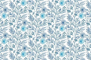 Moda tasarımı ve ürün ambalajı için bir sıra yaprak ve çiçek çizilmiş soyut mavi dikişsiz çiçek deseni