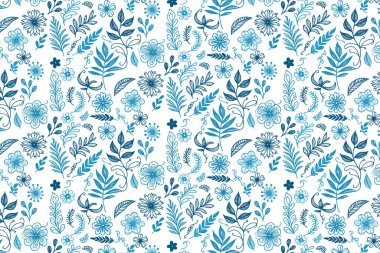 Modern ev tekstil masa örtüleri ve kumaş ambalajları için kesintisiz çizimler içeren mavi çiçekli kusursuz tasarım.