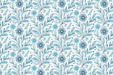 Duvar kağıdı ve kumaş ürünlerinin ambalajı için tek çizgili mavi çiçek deseni ve pamuk elementleri.