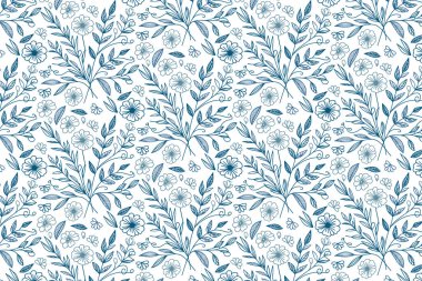 Kadınlar için gül ve pamuk çiçek unsurlarıyla kusursuz bir şekilde tekrar eden asgari mavi çiçek çizimi.