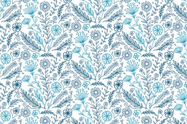 soyut mavi çizgili çiçek desenli güller, pamuk çiçekleri ve kağıt ve yastık kılıfları için karalama yaprakları