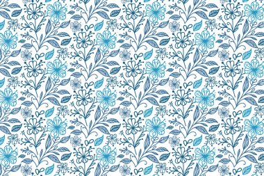 Zarif el çizimi mavi çiçek deseni ve ev yapımı ve moda baskıları için en az çizgi çizilmiş gül yaprakları ve çiçekler.