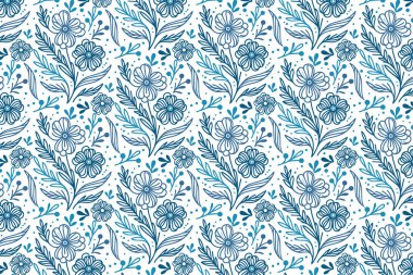 Moda tekstil ambalajı ve hediye paketi için el çizimi çiçek ve yaprak çizimleri olan kusursuz mavi çiçek deseni.