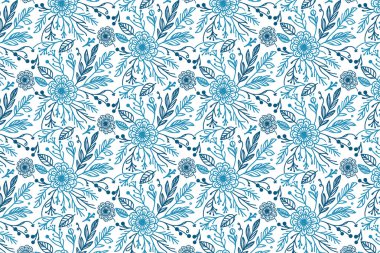 Moda kumaşı ve ev yapımı tekstil baskıları için aralıksız tek sıra yaprakları ve çiçekleri olan minimal mavi çiçek deseni.