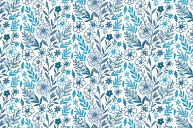 El mavisi bir çizgi pamuk yaprakları ve gül çizimleri ile dikişsiz çiçek deseni şık kumaş ve kağıt tasarımları için