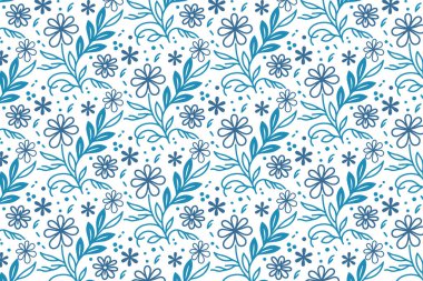 Yatak örtüsü yastık kılıfları ve tekstil duvar kağıtları için dikişsiz tekrarlanan mavi ana hatlı çiçek ve yaprak deseni